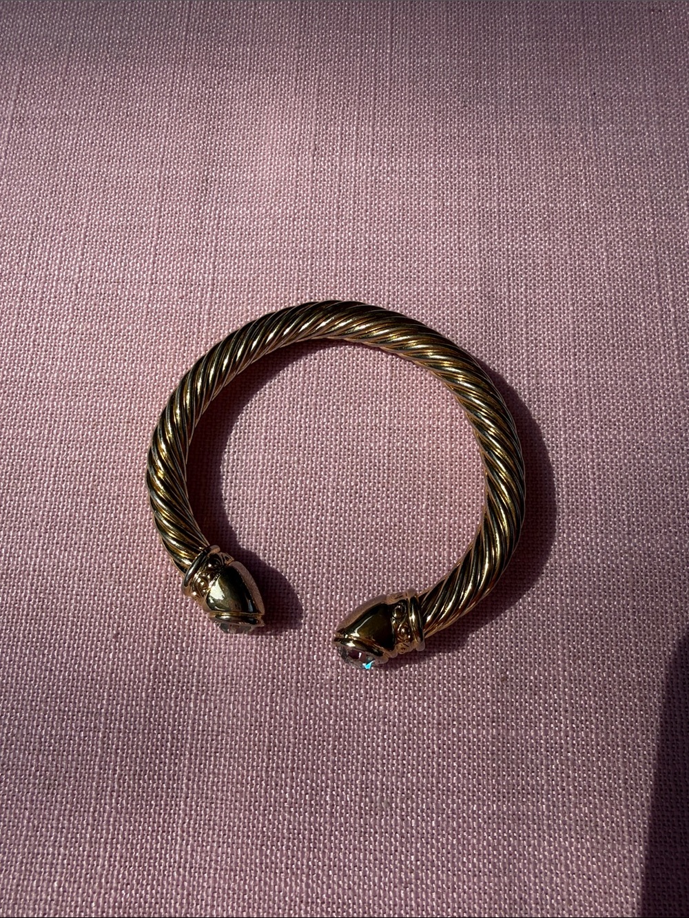 Vintage Gold Tone Twisted Cable Cuff Bracelet Clear Crystal End Caps Statement